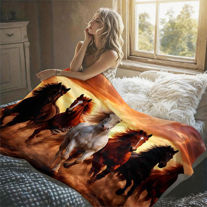 Horses Sunset Dust Eight Flannel Blanket Perfect for Sofa Office Bed Travel Sleep Read Relax Camping Four Season Use