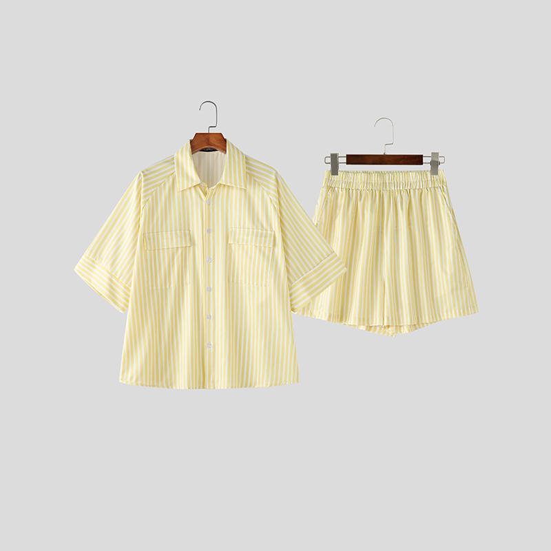 INCERUN 2PCS Summer Men Lapel Striped Short Sleeve Shirts and Shorts Oversized Sets M