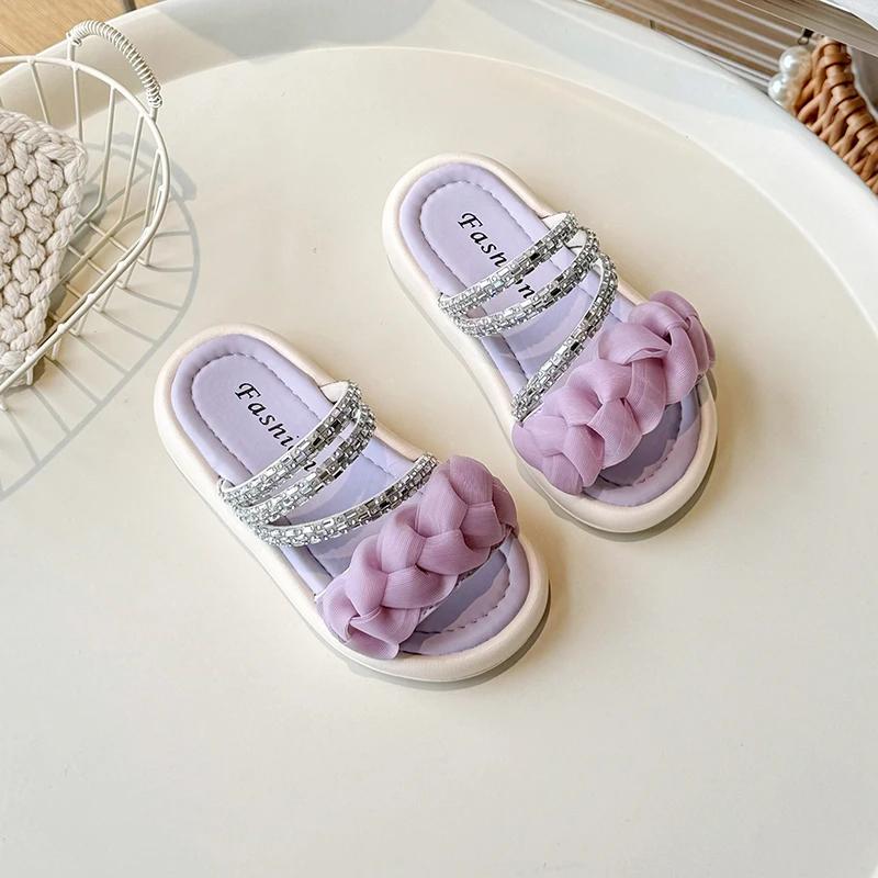 

Сандалии принцессы для девочек, летние тапочки для детей с милыми плиссированными детскими модными универсальными сандалиями для отпуска, мягкая подошва 26 фиолетовый