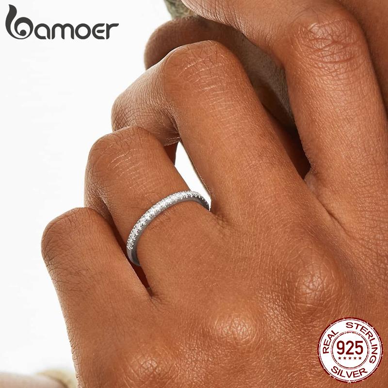 BAMOER Pierścionek Stackable z Białe Złoto Platerowane Litym Srebrem 925 z Symulowanym Diamentem CZ Pierścionki Eternity dla Kobiet