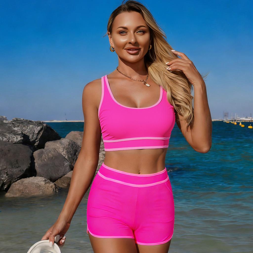 Damen Badeanzug Unifarben Sport Badehose Sexy Bikini Anzug Strandmode Mehrfarbig