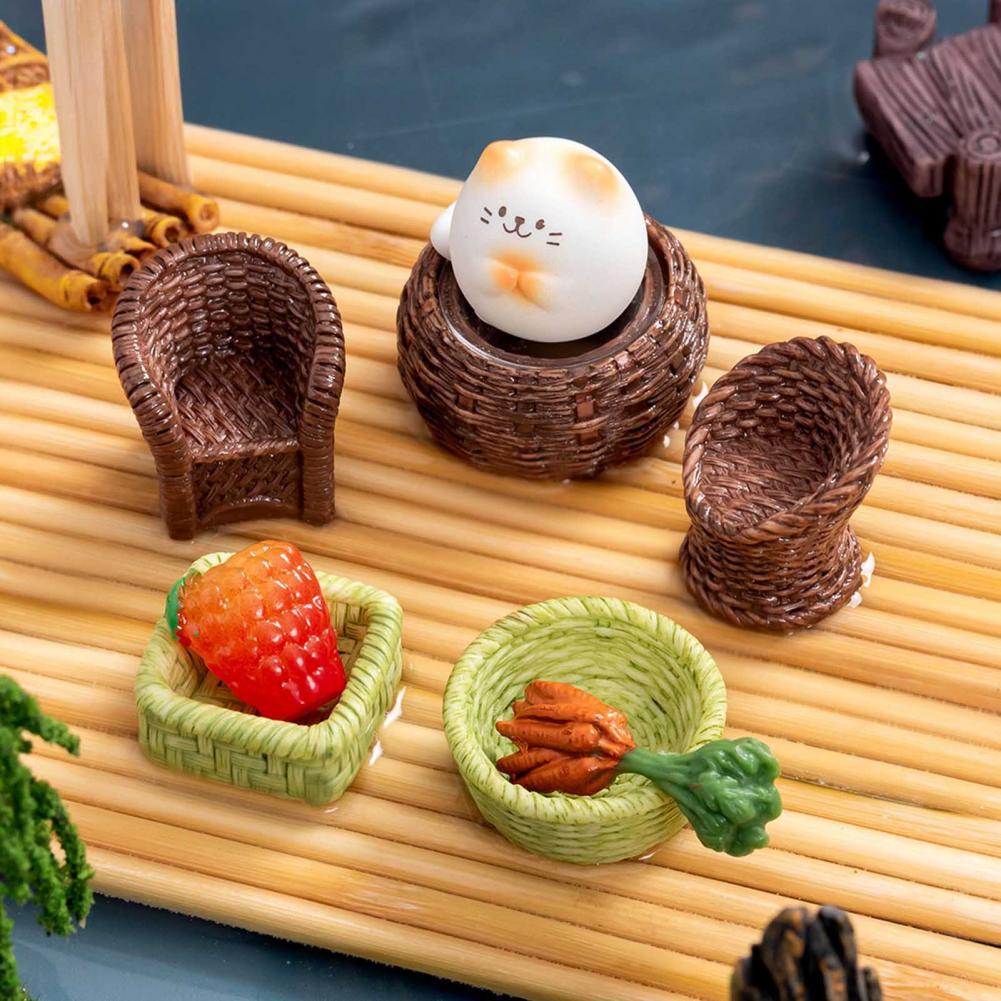 Miniature Decorative Basket Resin Mini Basket 5 Pcs Fairy Garden Micro Mini Resin Rattan Baskets Dollhouse Woven Basket Decor