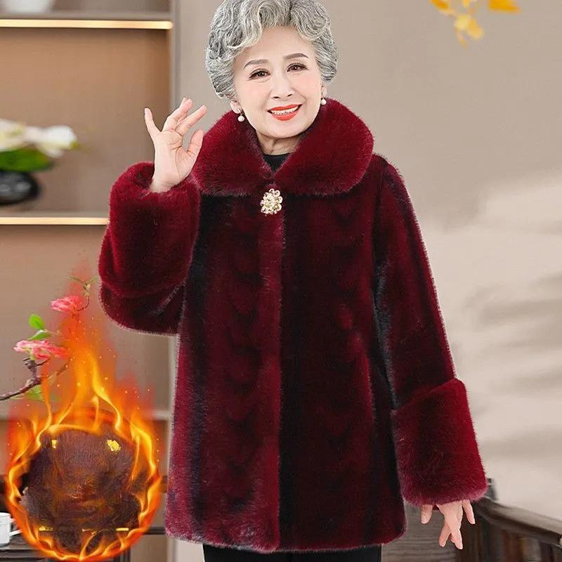 Palton de iarnă din nurcă, Palton călduros, Haine groase pentru mamă din imitație de piele și catifea