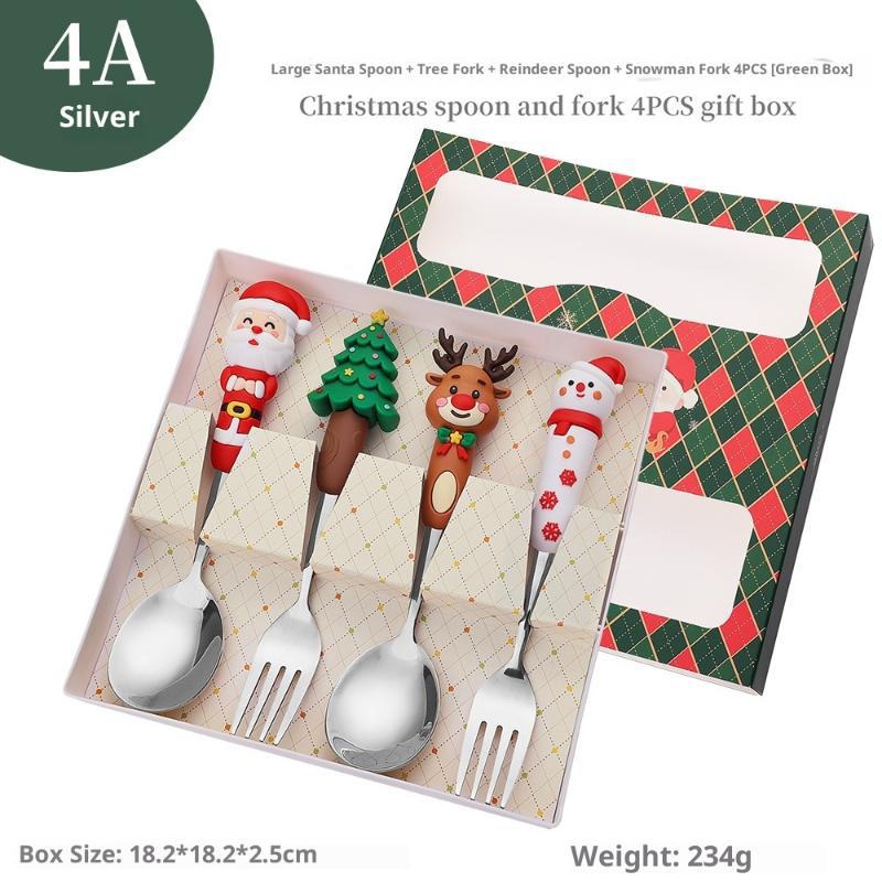 4Pcs Christmas Gift Glod Silver Spoon Fork Set Elk Christmas Tree Decoration Dessert Scoop Fruit Fork Coffee Spoon Cutlery Set