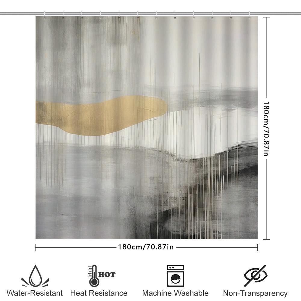 Modern Art Print Shower Curtain With Gold Stripes Neutral Bathroom Decor For Home Kitchen (White)