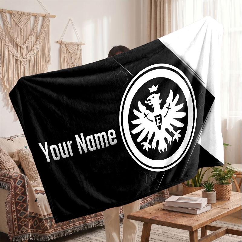 Couverture polaire personnalisée Eintracht Frankfurt avec logo de football, texte de nom personnalisé, couverture jetée douce et chaude pour la maison