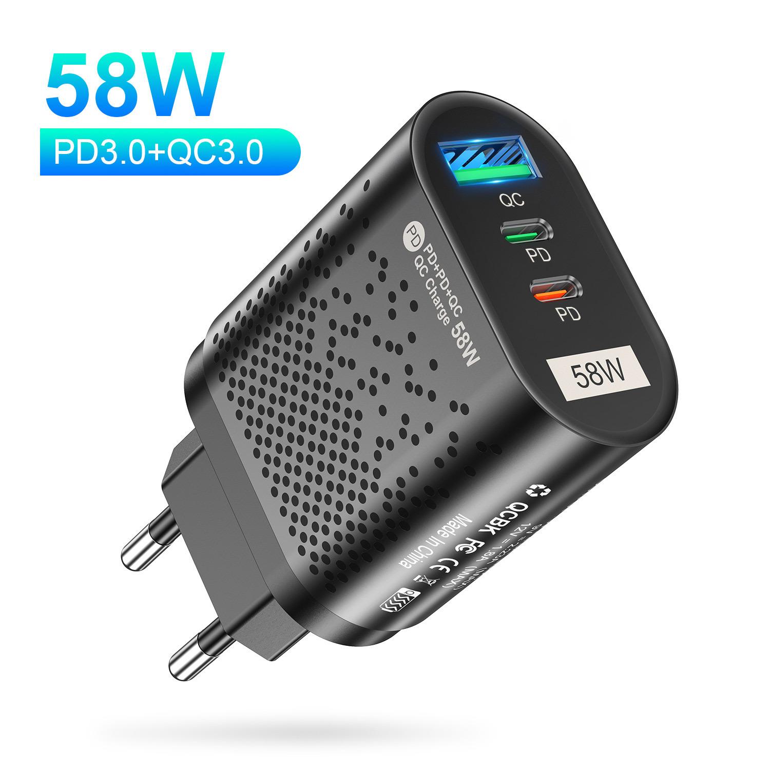 

USB-зарядное устройство типа C, 58 Вт, быстрая зарядка, QC PD 3,0, адаптер для зарядного устройства для телефона, вилка EU, US UK, KR для iPhone 14, iPad, Samsung, Huawei EU plug чёрный