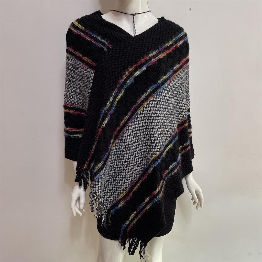 2022 Autumn/Winter Women's V-Neck Rainbow Tassel Cape Sweater