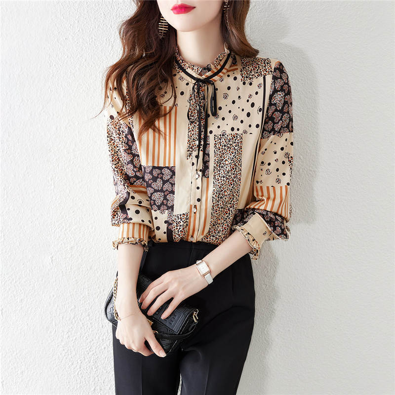 Splicing Printed Shirt Women's Long Sleeved Lace Up Ruffle Edge Shirt Casual Versatile Top