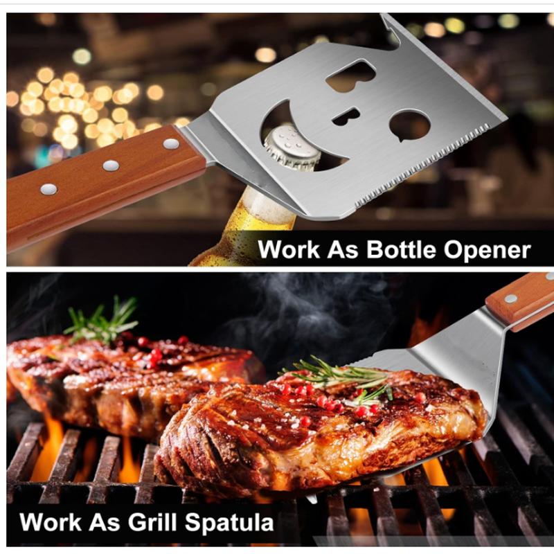 Multifunction BBQ Tool - Outdoor Grill Spatula, Stainless Steel, Wooden Handle - Best BBQ Gifts for Men