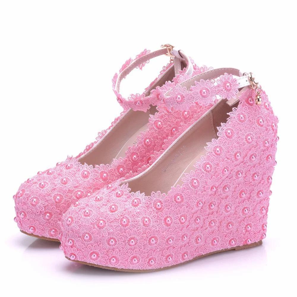 Fashion White Flower Wedding Shoes Lace Pearl High Heels Sweet Bride Dress Shoes Beading Wedges Shoes 11 CM Women Pumps