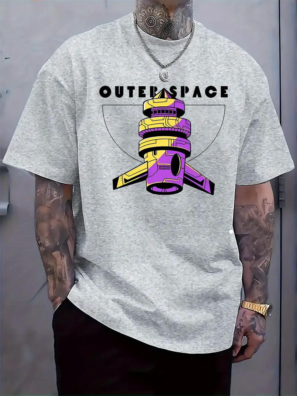 Outspace Spaceship Graphic T-shirt - Black Casual Crew Neck Short Sleeve Tee with Vibrant Purple & Yellow Print XXXL