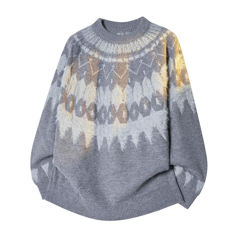 Mens Winter Heavyweight Icelandic Knit Sweater Fair Isle Crew Neck Loose Fit Casual Pullover