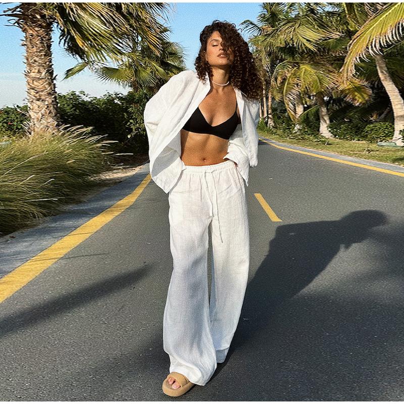 Women Casual Solid Color Cotton Linen Shirt Pants Suits Fashion Single Breasted Blouses Elastic Waist Pants Set Spring Loose Outfits