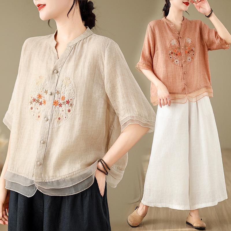 Retro Embroidered Organza Patchwork V-Neck Shirt for Women - Summer Mid-Sleeve Trendy Top
