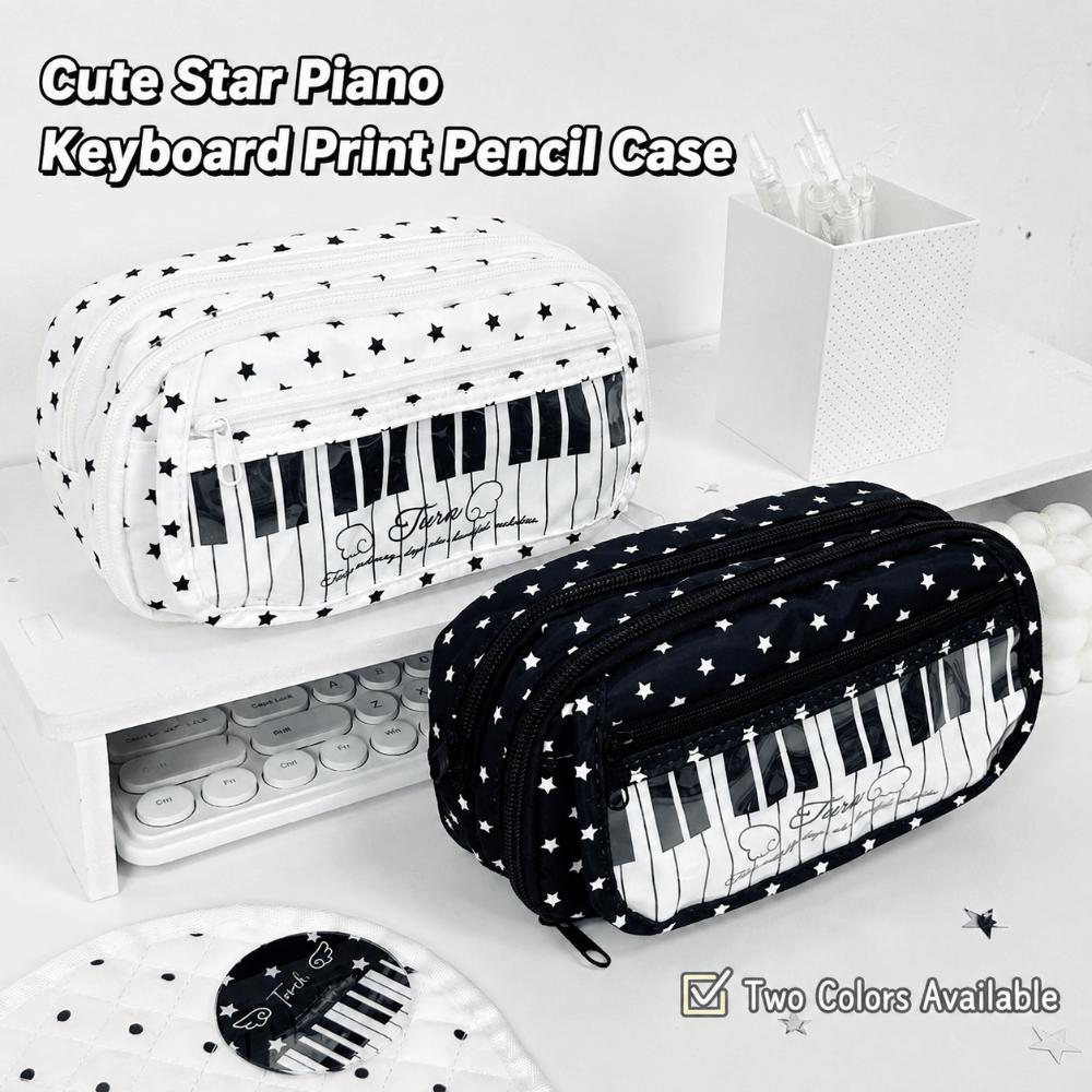 Star Piano Keyboard Print Pen Bag Multi-Layer Stationery Pouch Pencil Pouch School Supplies