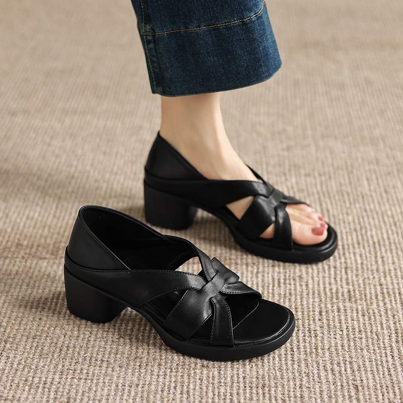 Krazing Pot Mikrofaser Mode Dicke Mittlere Absätze Peep Toe Schuhe Europäisches Design Sommer Größe 43 Größe 42 Plateau Damen Sandalen