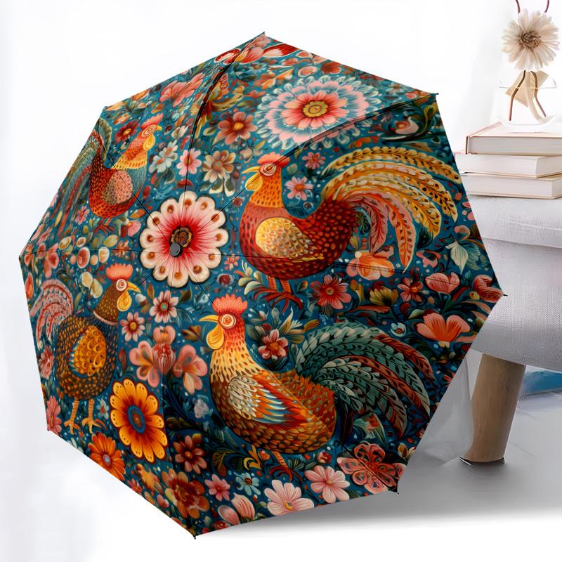 0106 Floral Chicken & Dinosaur  pattern, automatic folding umbrella, portable and foldable design, 8 ribs, a Christmas or birthday gift.
