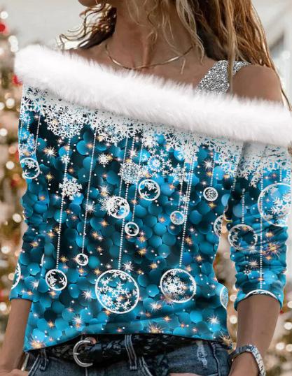 Women's Off Shoulder Furry Trim Long Sleeve T-Shirt Christmas Glitter Star 3D Print Elegant Winter Casual Top