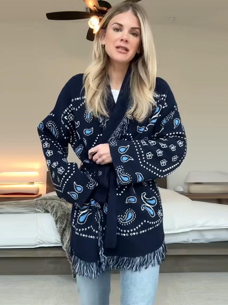 

Женский воротник, галстук с длинным рукавом, подчеркивающий талию, шаль с кисточками, вязаный кардиган L темно-синий