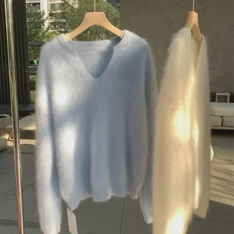 Women's Autumn & Winter Goose Yellow Mohair Sweater - Soft, High-Grade Mink Fleece, Cozy Lazy Style