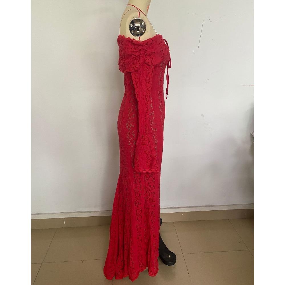 Women's Off Shoulder Long Sleeve Mermaid Maxi Dress Slim Fit High Waist Elegant Lace Wedding Guest Evening Dress