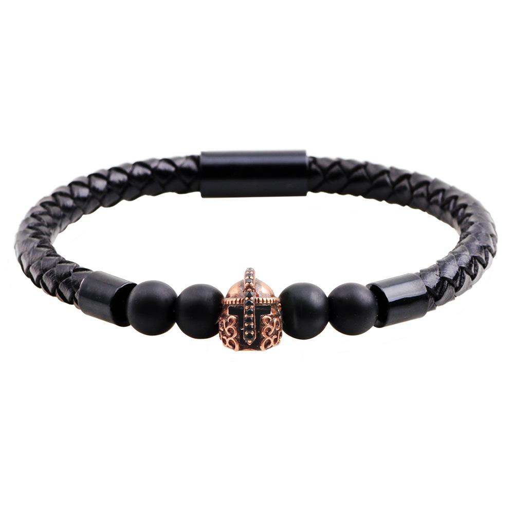 New Men Stainless Steel Genuine Leather Spartan Warrior Helmet Bracelet 20 cm чёрный