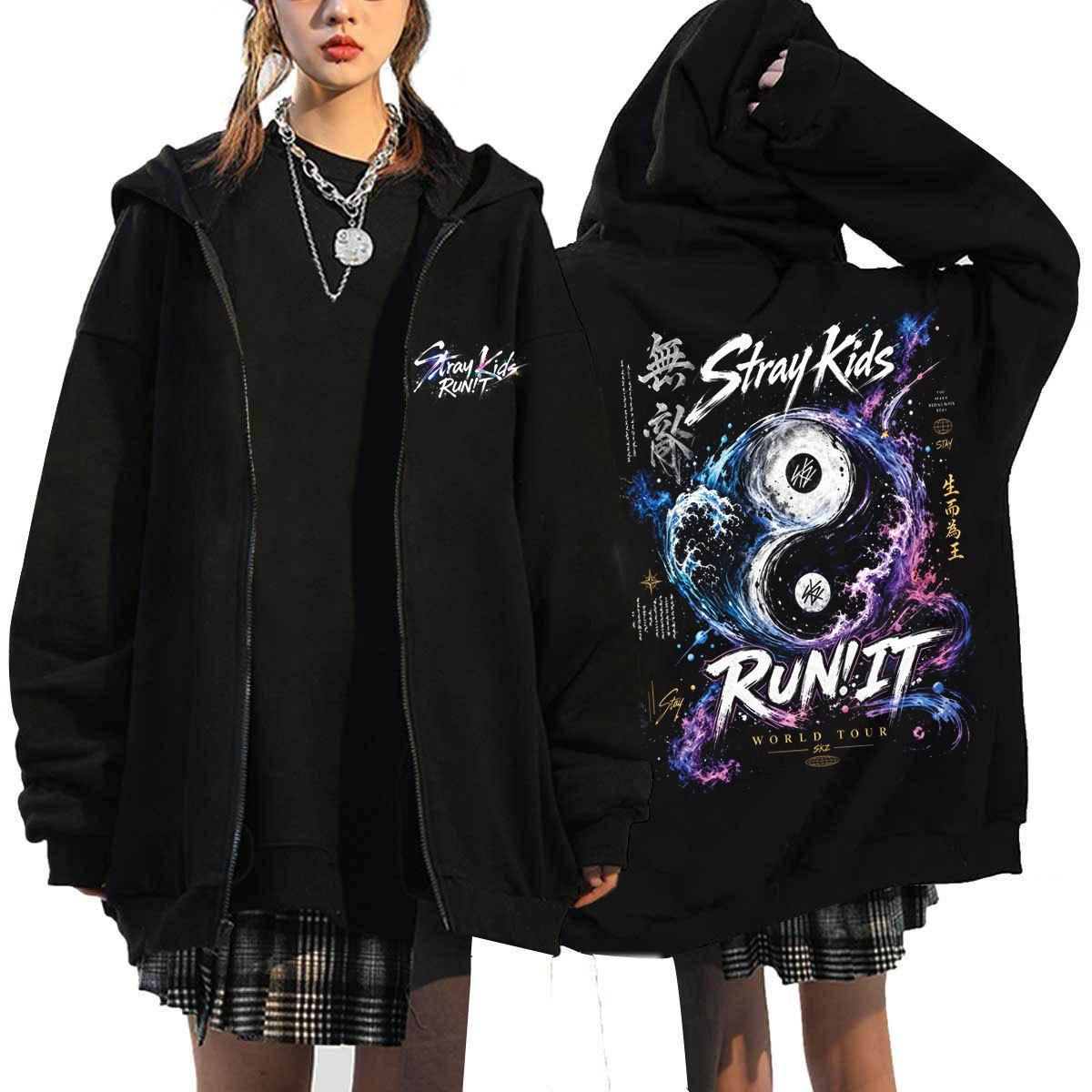 Stray Kids Run It Tour Reißverschluss Grafik Hoodie SKZ Konzert Merch Sweatshirt XXXL black