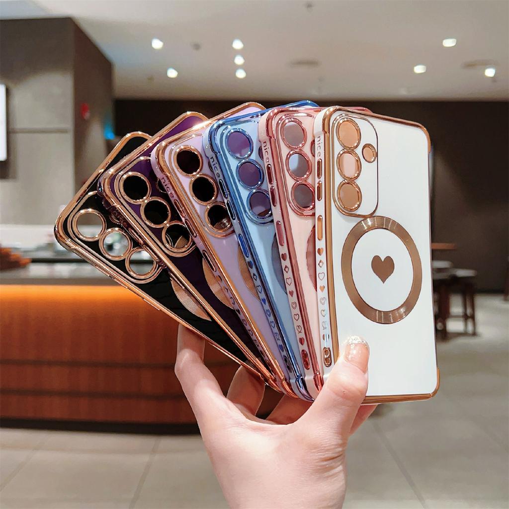 For Samsung Galaxy S26+ Magnetic Case Electroplating Soft TPU Cover with Cute Love Heart