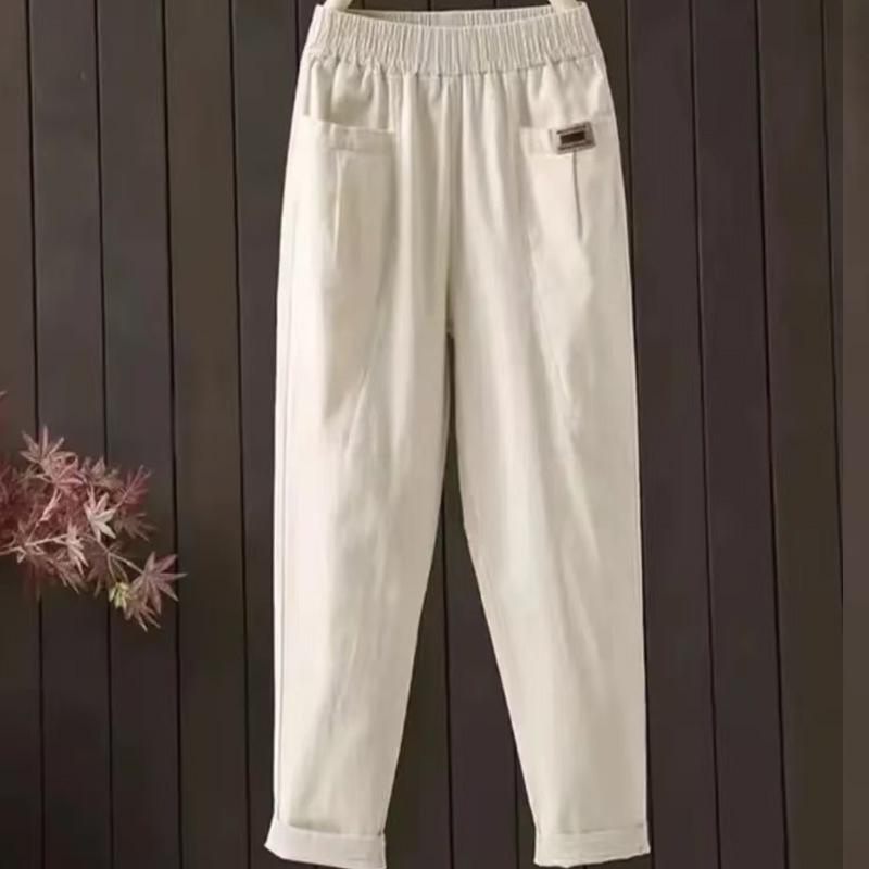 

2023 Spring Women s Washed Cotton Cropped Pants – Elastic Waist, Loose Fit, Straight-Leg XXXL for 105-125 kg белый