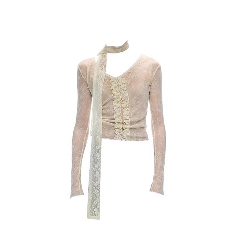 Spicy Girl V-Neck Lace Jacquard Long-Sleeved Autumn Shirt - Slimming and Flattering Design M абрикосовый/кремовый