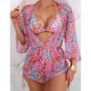 Women Sexy European Style Mesh Printed Three Piece Split Bikini Swimsuit