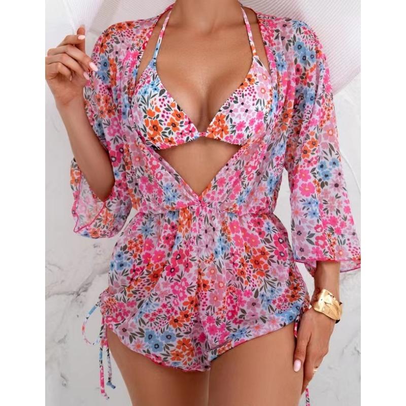 Women Sexy European Style Mesh Printed Three Piece Split Bikini Swimsuit