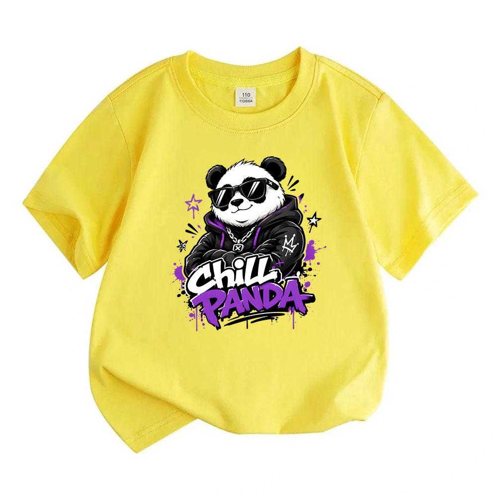 Kids Boys Girls 100% Cotton Crew Neck Short Sleeve T-Shirt, Cool Chill Panda Graphic Tees, Casual Graffiti Style Summer Tops for Children Daily Wear