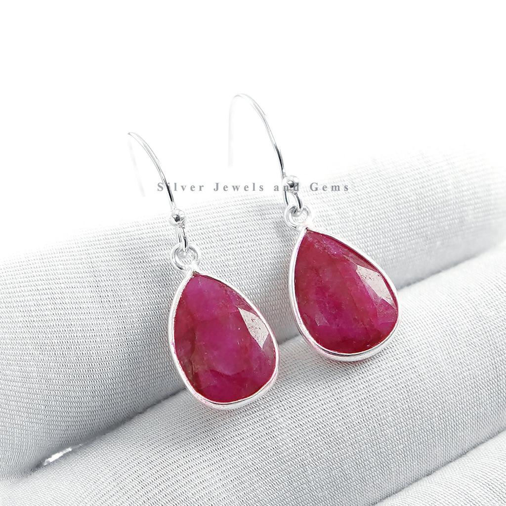 Red Ruby Earring, Teardrop Bezel Earring, 925 Sterling Silver Earring, Birthday Earrings, Light Weight Earrings, Handmade Earrings