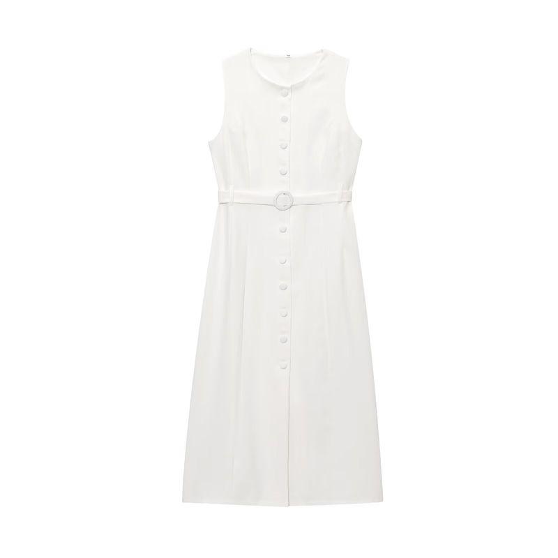 Kaslead New Women Clothes Western Style Fashion Simple Slim Fit Single Breasted Sleeveless Dress