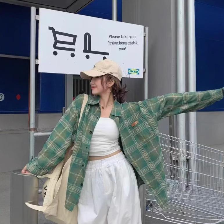 

Женская рубашка в клетку в стиле ретро с длинным рукавом - Осенне-зимний свободный кардиган средней длины XL зелёный