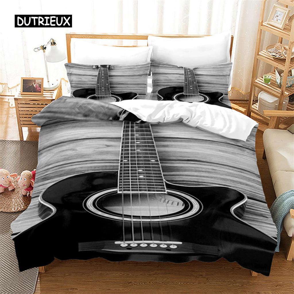Guitar Queen Duvet Cover Rock Music Theme Bedding Set Grunge Color Splashed Brick Wall Background Electronic Guitar Mics Design