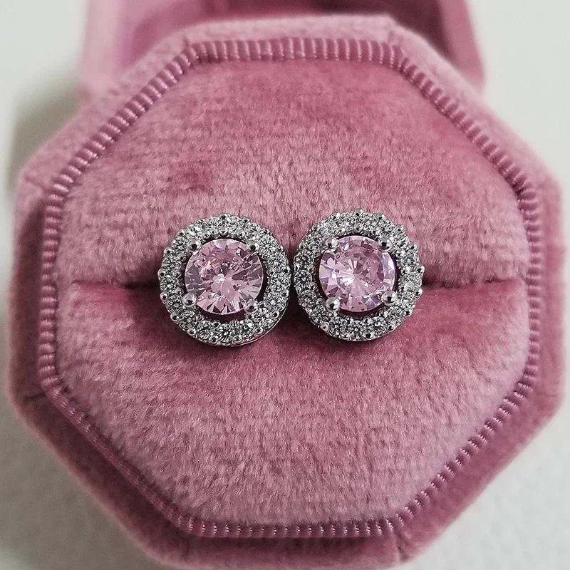 Elegant Light Luxury Pink Zircon Earrings for Women High-End Temperament Trendy Zircon Accessory