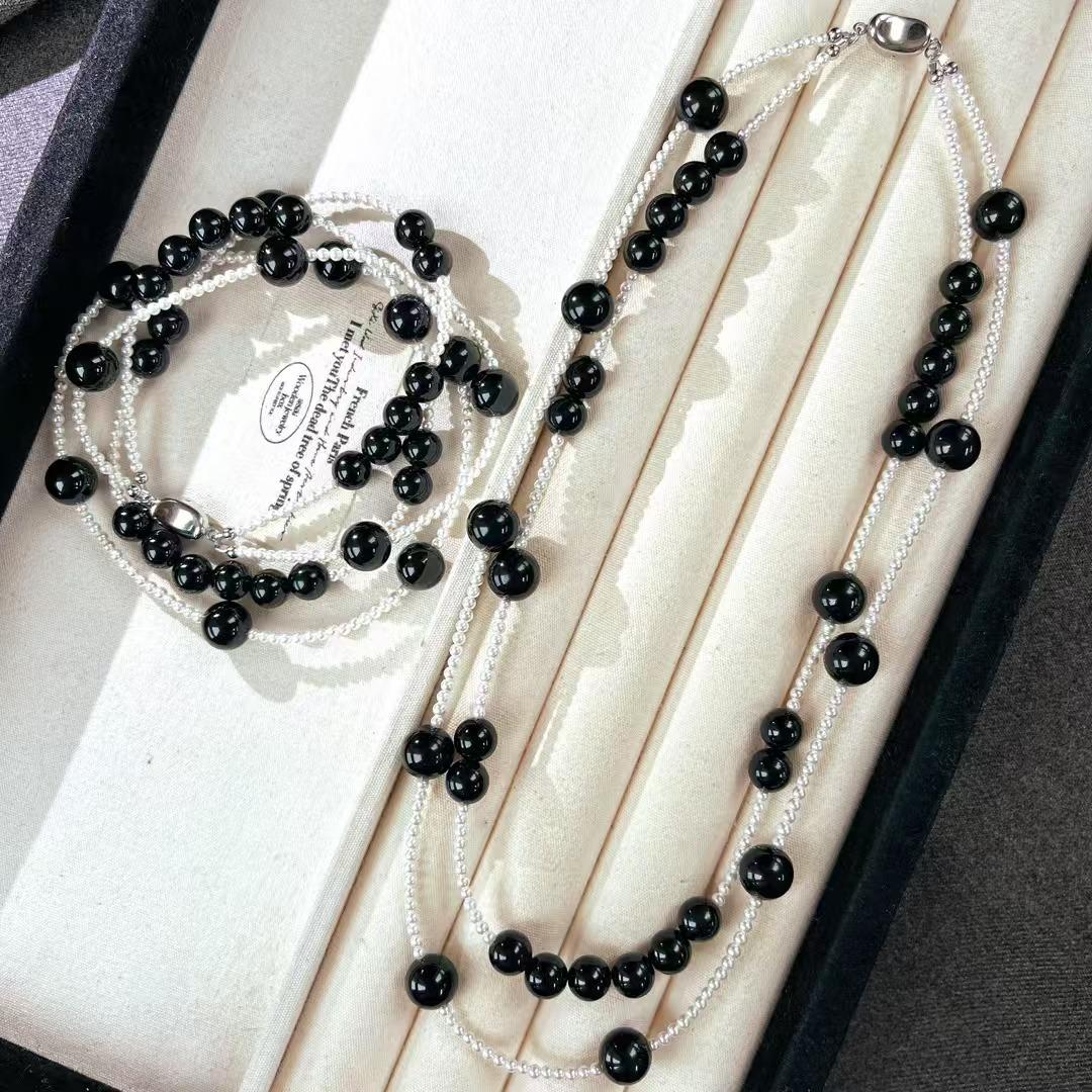 

Vintage Strong Light High Quality Natural Black Agate Artificial Crystal Pearl Double Necklace Collarbone Chain
