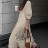 Simple Linen V-neck Puff Sleeve Backless Tie Dress Spring and Autumn Long Dress