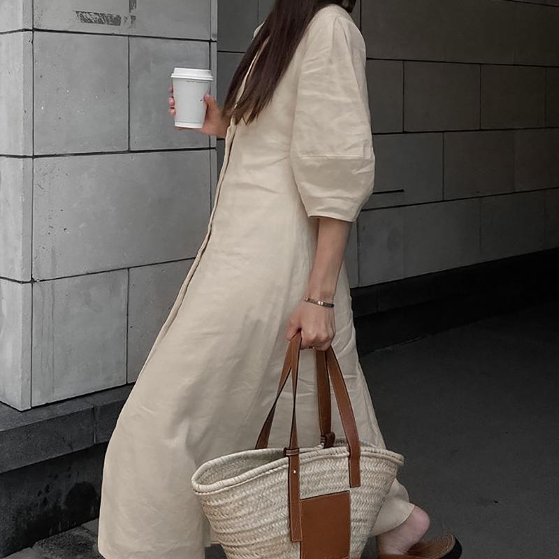 Simple Linen V-neck Puff Sleeve Backless Tie Dress Spring and Autumn Long Dress