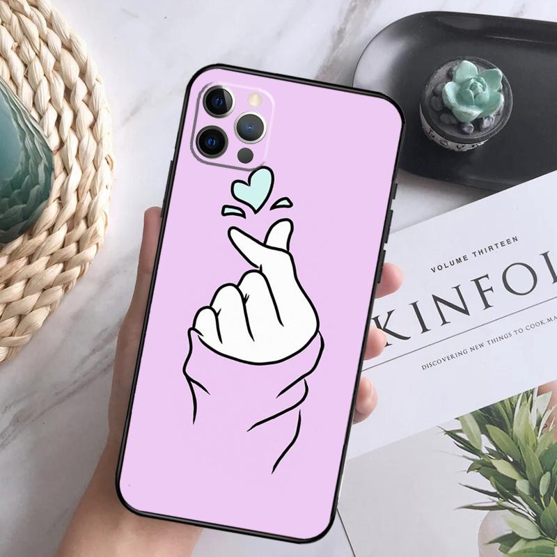 Korean Finger Heart Love Phone Case For iPhone 16 Pro 11 12 13 14 15 Pro Max Mini XS X XR 7 8 16 Plus Cover Coque