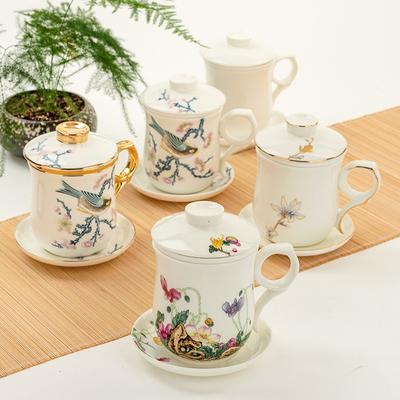 Creative Bone China Tea Cup with Lid and Filter Office Drinkware Ceramic Hand Painted Strainer Teacup Home Kung Fu Water Mug