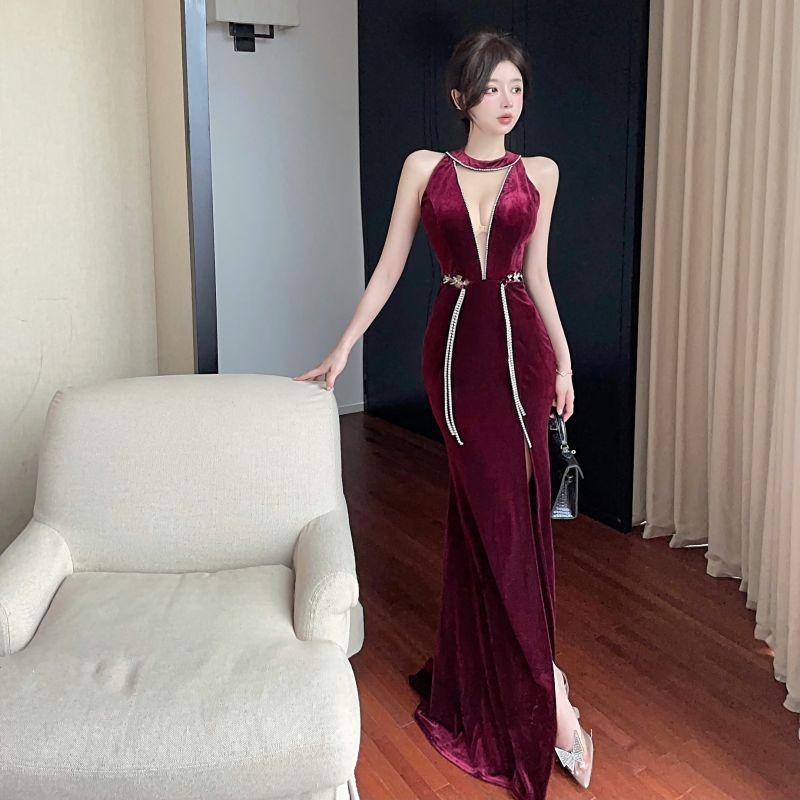Spice Girl Velvet Hollow Dress Temperament Slim Waist and Thin Backless Splicing Hem High Split Skirt