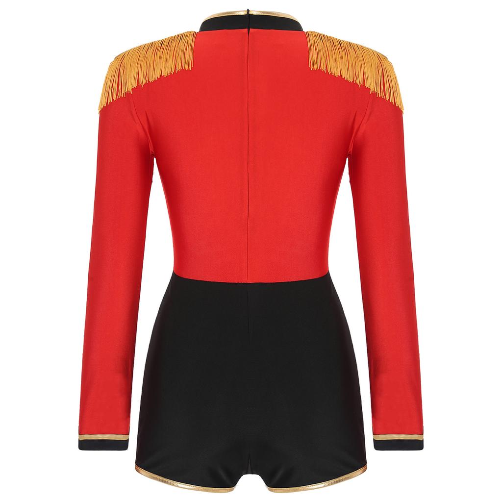 Complete Circus Ringmaster Halloween Costume for Women S-3XL: Fringe Shoulder Jumpsuit with Gold Trim, Contrast Bodysuit