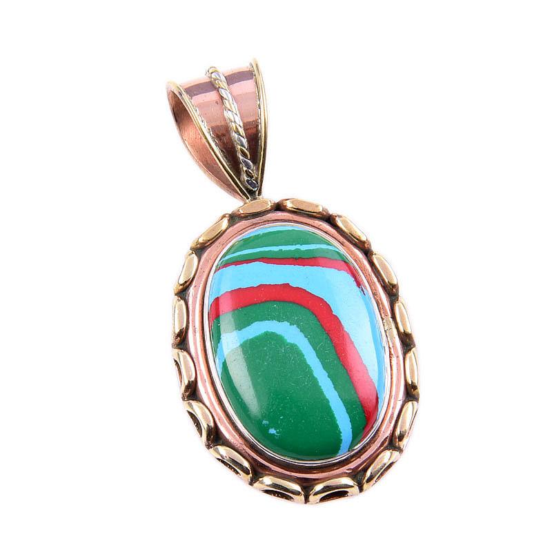 Natural Rainbow Calsilica Gemstone 925 Solid Silver Two Tone Pendant 1.75" D6r88
