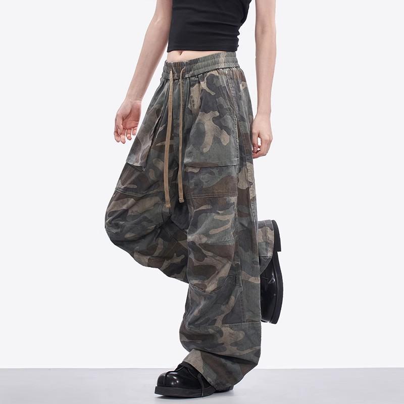Trendy brand retro American camouflage overalls spring and autumn short sleeves loose straight pants street thin wide casual pants