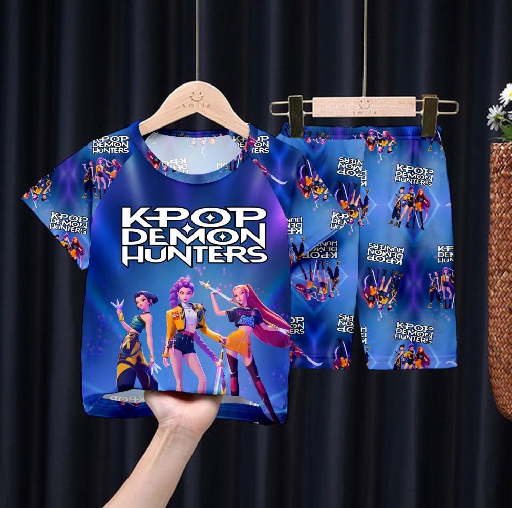 Summer Fashion Short Sleeve Pajamas Huntrix Kids T-shirt Shorts Sets Demon Hunters Costumes Children's Clothing Sets Girls Pijama