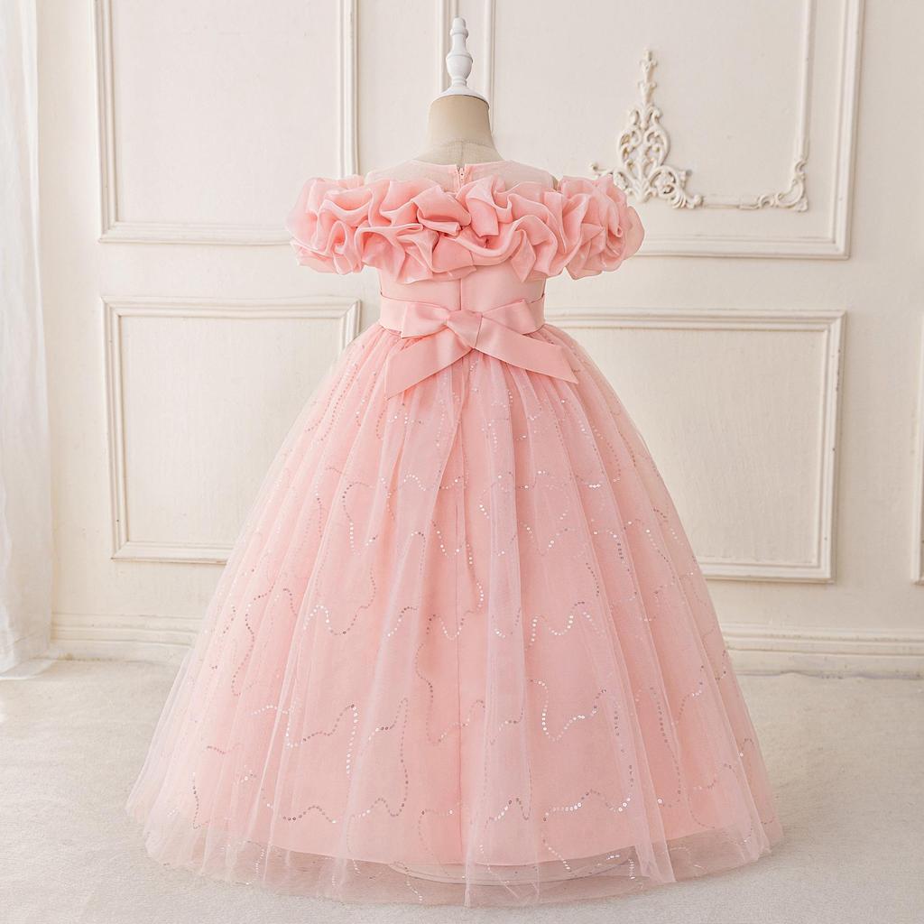 Girls' One-Shoulder Beaded Puff Skirt Evening Dress for Weddings